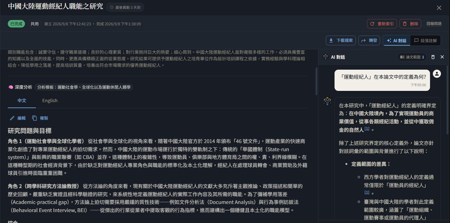單篇文獻的 AI 對話,答案帶引用標號